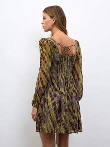 Nöista Đầm mini họa tiết trừu tượng màu ô liu, tím và đen, phong cách mùa thu, cuối tuần, lễ hội và đi chơi - màu xanh lá - Xem 2