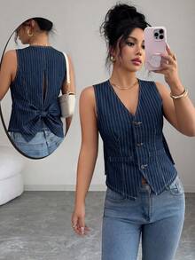 SHEIN Privé Áo vest denim nữ kẻ sọc cài nút đơn phong cách thường ngày - Màu xanh lam - Xem 6