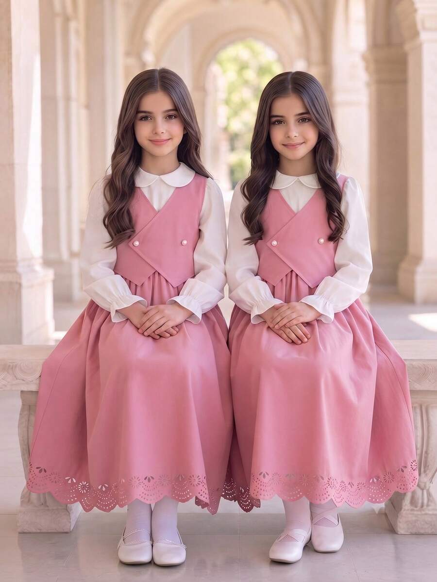 SHEIN 返校季女童洋裝,大童女孩復古校園風粉色 2 合 1 連身裙,珍珠鈕扣彼得潘領,鏤空燒花大裙擺,甜美秋季長洋裝 - 粉色 - 查看 1