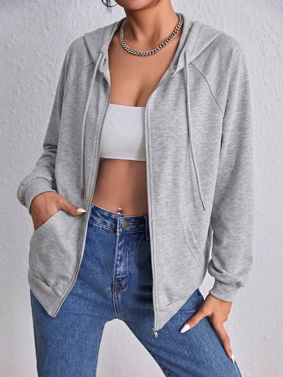 SHEIN EZwear 拉鍊式插肩袖抽繩運動衫,秋冬長袖上衣,淺灰色女款運動衫 - 淺灰色 - 查看 1