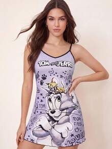 TOM & JERRY X SHEIN 女款字母愛心印花休閒細肩帶睡裙 - 紫色 - 查看 4