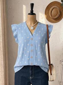 EMERY ROSE Daisy Pattern Ruffle Sleeve Single-Breasted Plus Size Shirt - Blue - View 3