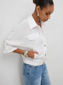 Maija All White Subtle Long Sleeve Fall Shirt Collar Women's Lightweight Jacket With Shell Button Decor Elastic Hem Casual Chic Everyday Travel - White - View 7