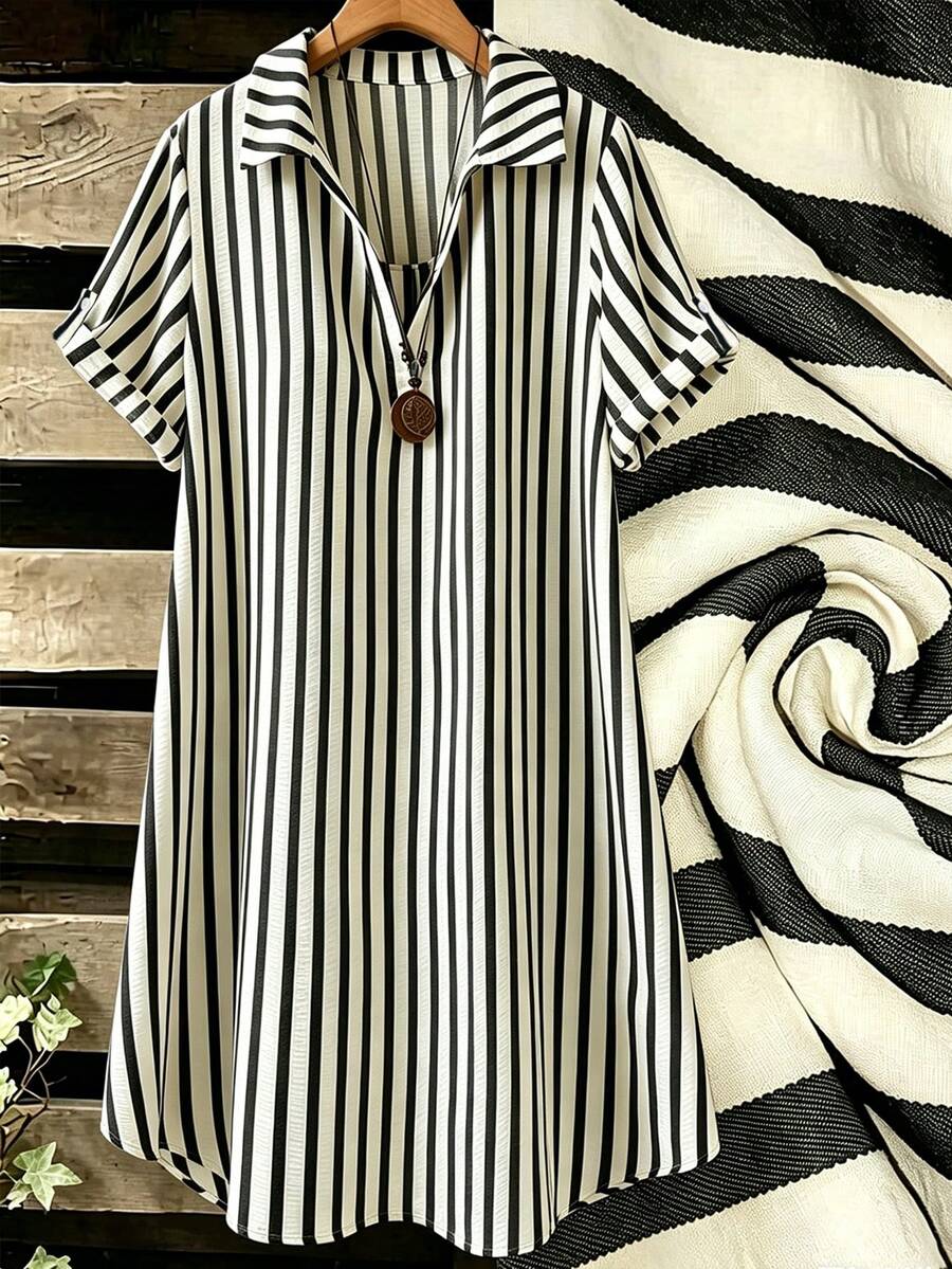 EMERY ROSE Nuevo vestido largo casual holgado con rayas y cuello en V para mujer con botones - Negro - Ver 1