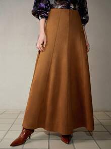 MOTF PREMIUM ELEGANT SUEDE-LIKE FLARED LONG SKIRT, AUTUMN/WINTER - Khaki - View 6
