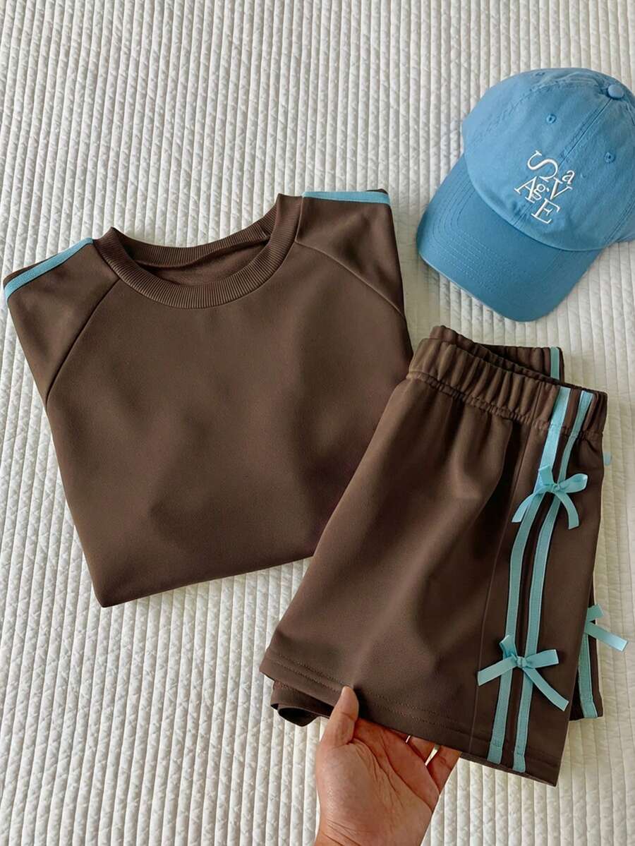 Comfortcana 女款棕色條紋休閒兩件套 夏季圓領短袖上衣與短褲 健身節慶度假女裝套裝 - 咖啡棕 - 查看 1