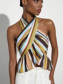 MAIJA Beach Striped Halter Crossover Ruffle Hem Crop Top Summer Fall Halloween Party School - Multicolor - View 6