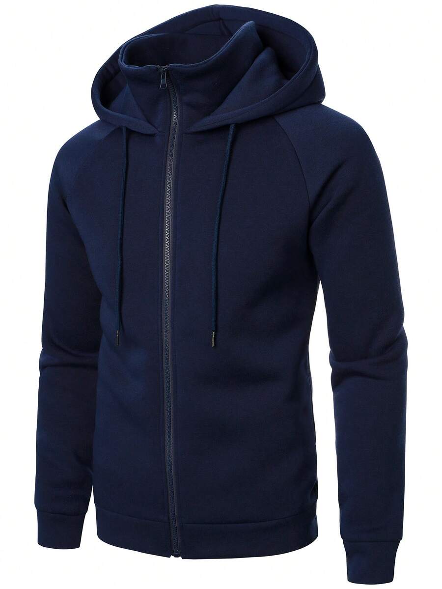 Manfinity Homme Men's Solid Color Raglan Long Sleeve Zip-Up Hooded Sweatshirt With Drawstring - Navy Blue - View 1