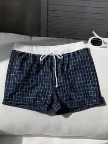 Freevana 女款大尺碼撞色深藍色格紋寬鬆抽繩彈性腰短褲，春夏季休閒運動穿搭 - 藏蓝色 - 查看 9