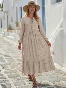 EMERY ROSE Women's Vacation Casual Cottage Core Boho Cottagecore Ditsy Floral Dress Vacation Beige Autumn Vacation Picnic Vacation - Khaki - View 5