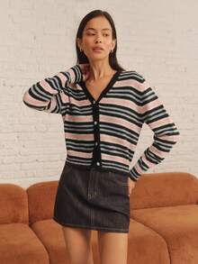 lacRébo Multicolor Striped Knit V Neck Wool Blended Cardigan Summer Autumn Casual Daily Casual - Multicolor - View 4