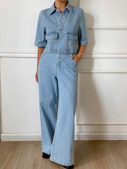 Livesso Conjunto casual de denim para mujer con top de manga corta con cuello y bolsillos utilitarios y pantalones