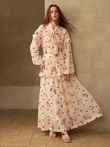 MOTF PREMIUM FLORAL POLKA DOT PRINT TIE NECK LANTERN SLEEVE TOP & TIERED HEM SKIRT SET - Apricot - View 1