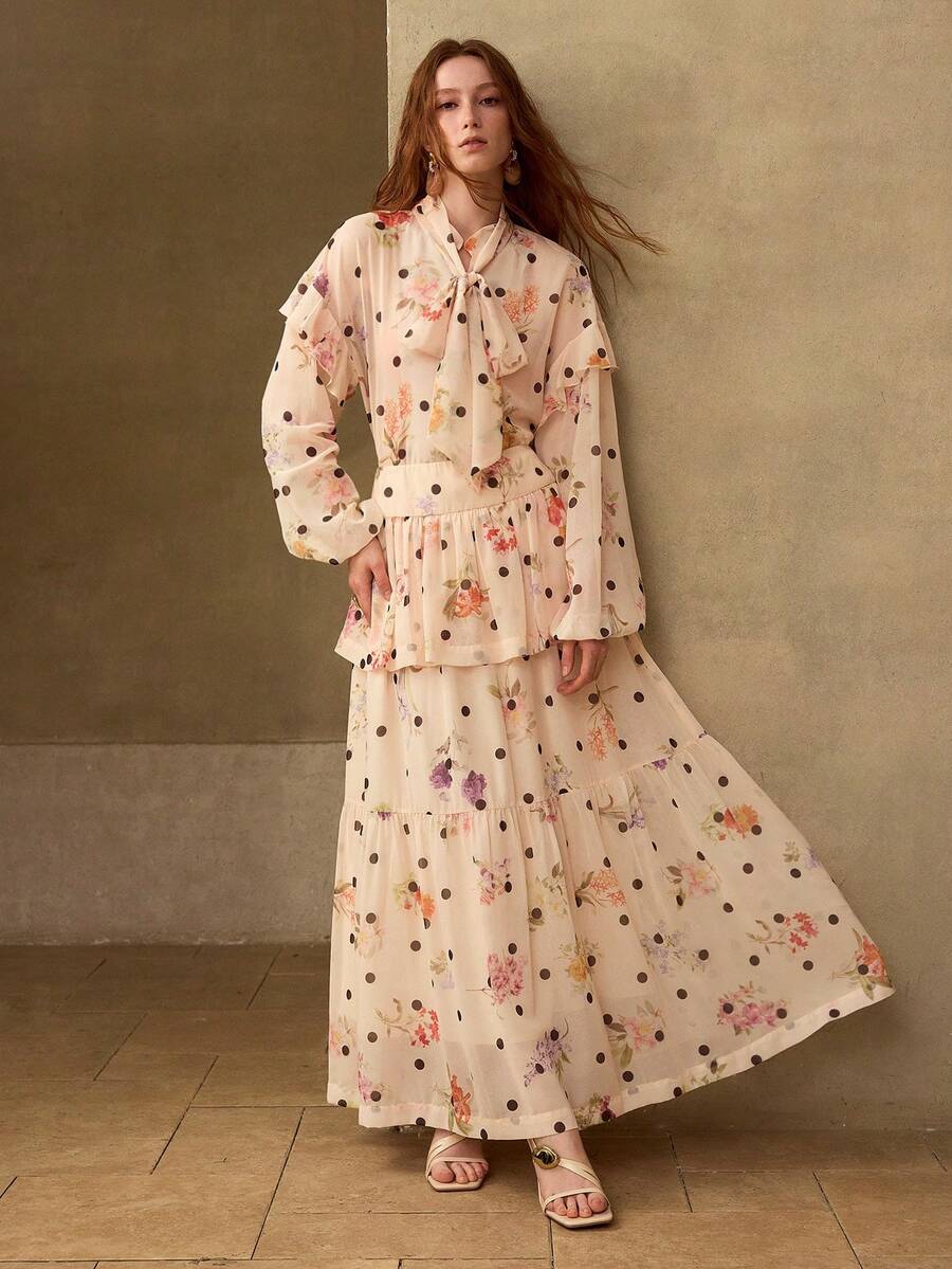 MOTF PREMIUM FLORAL POLKA DOT PRINT TIE NECK LANTERN SLEEVE TOP & TIERED HEM SKIRT SET - Apricot - View 1