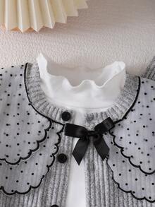 跨境少女 4-7 歲學院風網紗波點刺繡翻領針織羅紋鈕扣背心開襟衫 + 柔軟長袖套頭 T 恤 + 鬆緊腰寬腿長褲 3 件套，適合校園日常、生日派對與外出拍照休閒風穿搭，春/秋季 - 灰色 - 查看 3