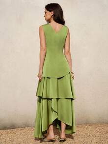 BELROSIE Elegant Sophisticated Solid Color Satin Sleeveless Ruffle Hem Layered Tiered Dress For Women - Green - View 3