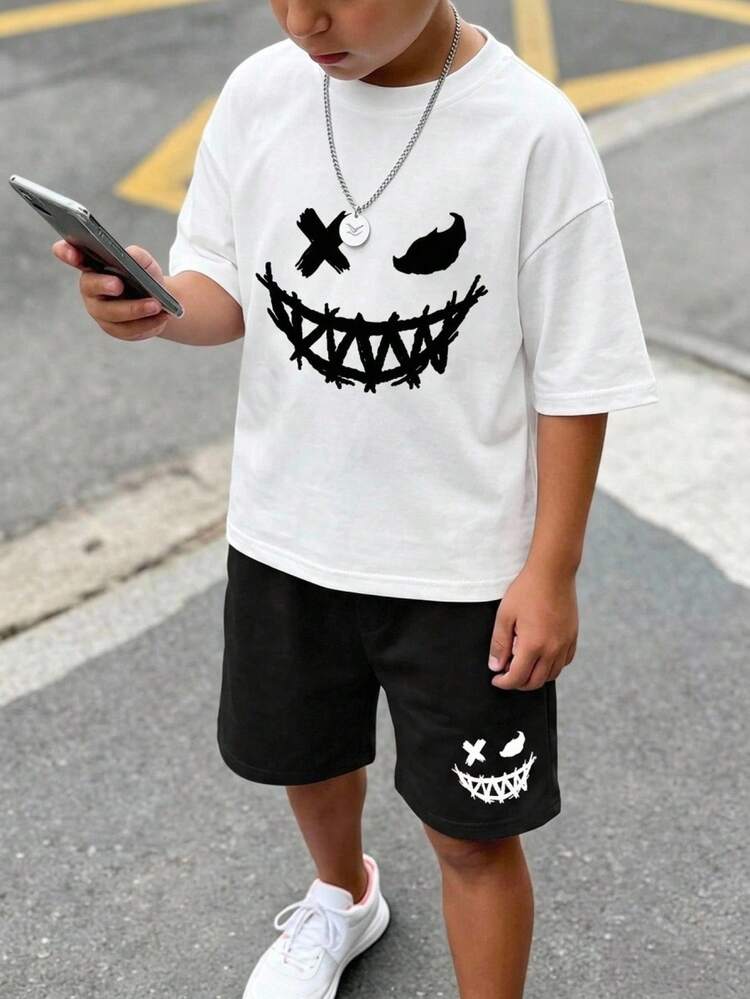 SHEIN Cậu bé Tween Giải trí Đơn giản Emoticon In Vòng cổ Ngắn tay Áo thun Và Quần short 2 cái/bộ , Mùa hè - Nhiều màu - Xem 5