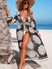 Swim Lushoire Vestido largo de playa para mujer de primavera/verano con manga larga, cintura ceñida, estampado de gasa, vestido de vacaciones, kimono-bata para cubrir bikini - Negro - Ver 4