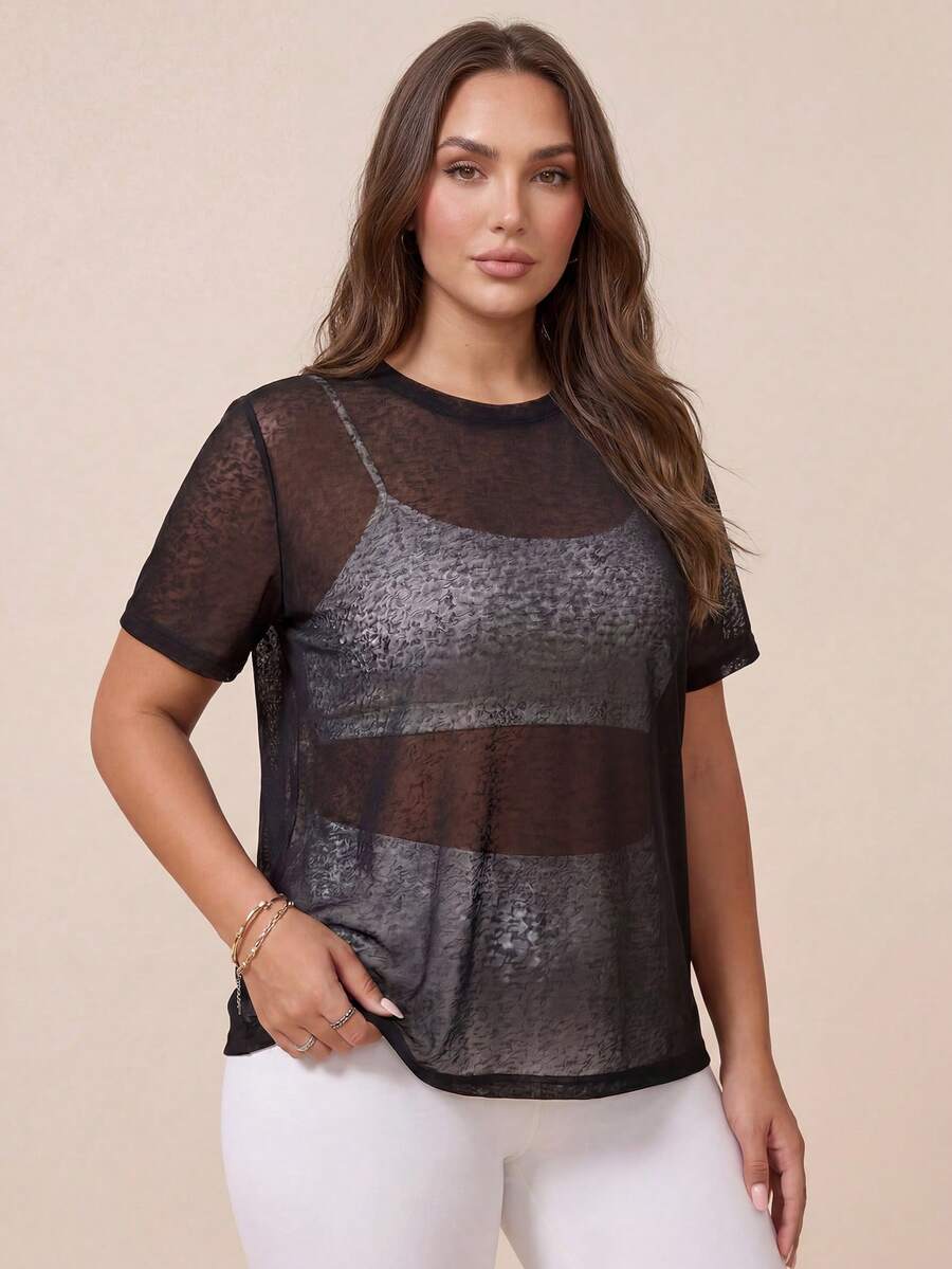 SHEIN Rhythm Era Plus Size Women's Sheer Solid Color Round Neck Short Sleeve Sports T-Shirt, Summer Gym Sports Black - Black - View 1