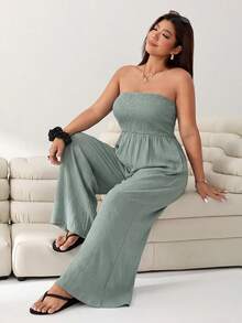 Solflare Olive Green Plus Size Women's Shirred Design Bandeau Long Jumpsuit - Olive Green - View 6