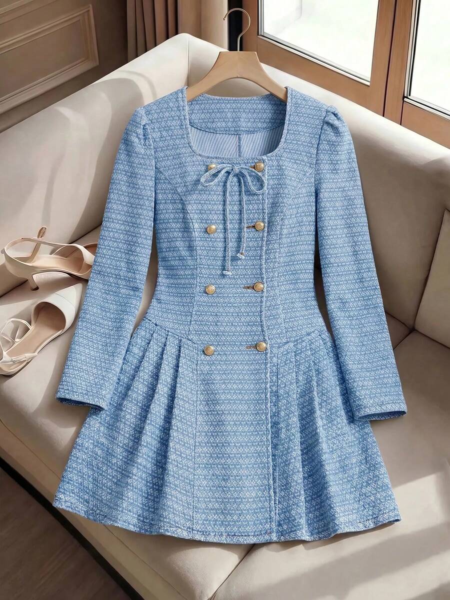 SHEIN MOD 女款前綁帶鈕扣設計長袖牛仔洋裝 - 藍色 - 查看 1