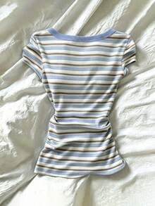 SHEIN Women's Striped Contrast Button Half Placket Fitted T-Shirt - Multicolor - View 2