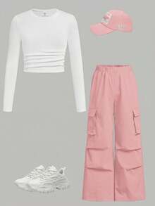 SHEIN Girlism 2 件 Tween Girl 罗纹褶皱长袖 T 恤和工装裤休闲套装 - 粉色 - 查看 1