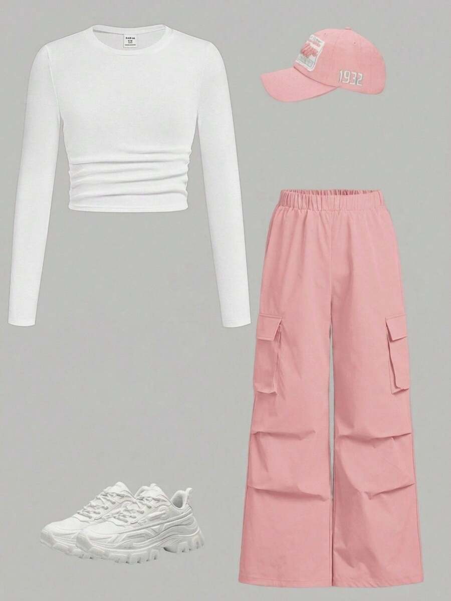 SHEIN Girlism 2 件 Tween Girl 罗纹褶皱长袖 T 恤和工装裤休闲套装 - 粉色 - 查看 1