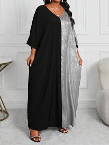 SHEIN Lady Plus Size Women Contrast Color V-Neck Batwing Long Sleeve Loose Casual Dress, Autumn/Winter Fall - Silver - View 4