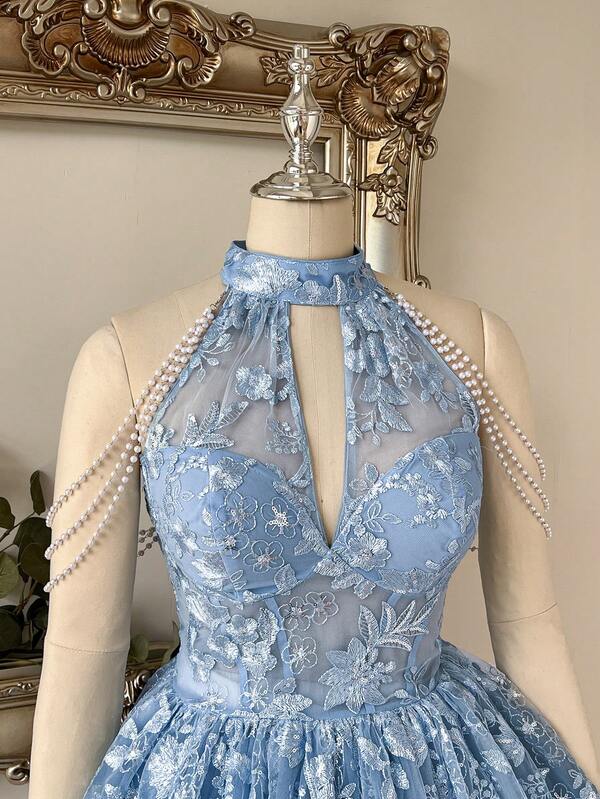 Lovelzi Elegant Blue Luxury 3D Beaded Embroidery Halter Neck V-Neckline 3D Beaded Chain Sleeve Mini Short A-Line Puff Skirt Suitable For Date Vacation Bachelorette Party Wedding Event Graduation Homecoming Blue Evening Gown Women's Ball Gown