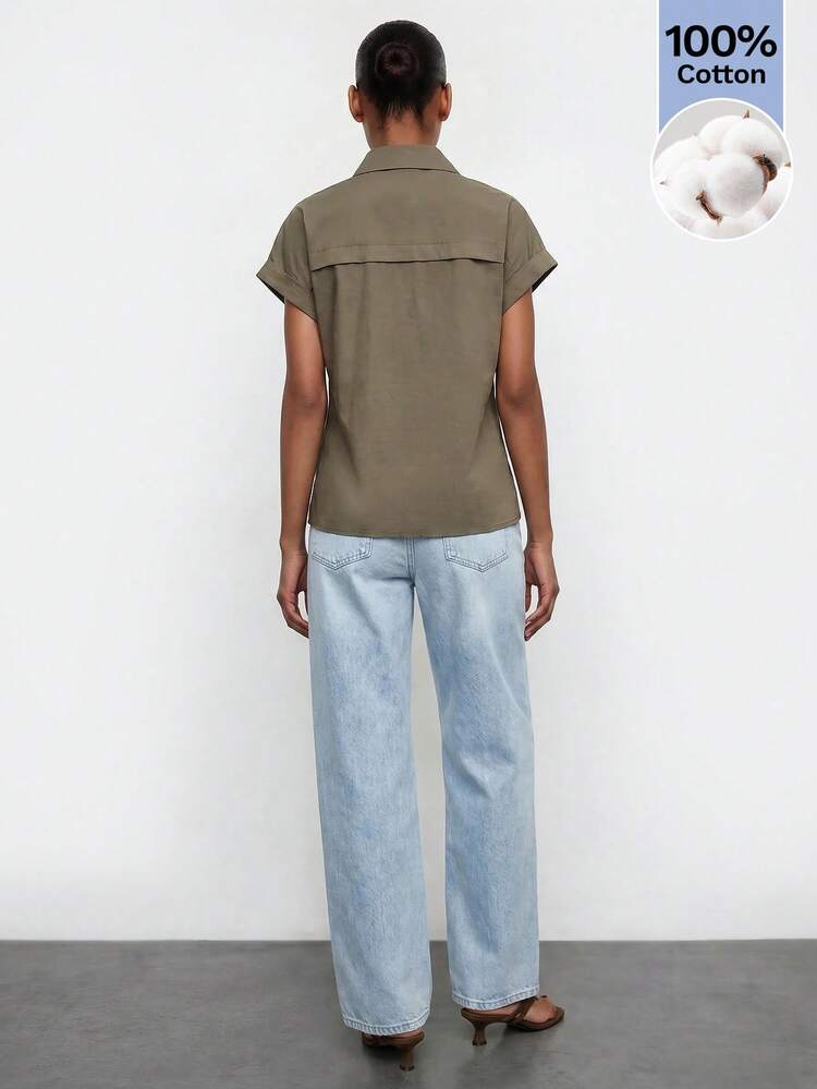 Maija Olive Green Women's Summer Urban Asymmetric Placket Knot Shoulder Burnout Design Casual Blouse Vacation - Army Green - View 8