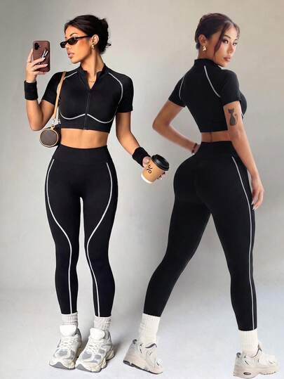 Dewbera Dewbera 2PCS Women's Spring/Summer Sports Set, Black Tight-Fitting Power-Style Color-Block Line Split Short Sleeve Stand Collar Full Zip-Up Sports Top And Color-Block Line Split 9/10 Length Tight-Fitting Sports Leggings, Suitable For Daily Casual, Versatile, Running, Yoga, Gym, Tennis, Golf, Cycling