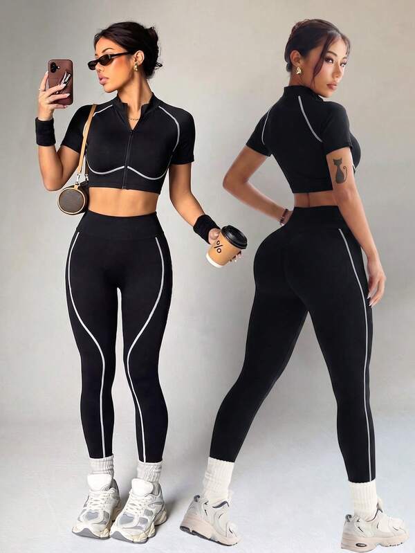 Dewbera Dewbera 2PCS Women's Spring/Summer Sports Set, Black Tight-Fitting Power-Style Color-Block Line Split Short Sleeve Stand Collar Full Zip-Up Sports Top And Color-Block Line Split 9/10 Length Tight-Fitting Sports Leggings, Suitable For Daily Casual, Versatile, Running, Yoga, Gym, Tennis, Golf, Cycling