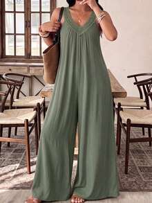 SHEIN LUNE CURVE 大尺碼夏季時尚性感蕾絲飾邊V領寬鬆涼爽連身褲度假風休閒連身褲 - 軍綠色 - 查看 1