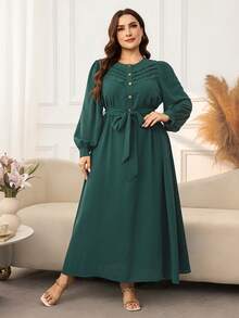 Lacomfia Plus Size Elegant Button Half-Placket Lace Patchwork Long Sleeve Dress - Green - View 6