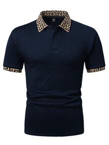 EGENSIO Camisa polo de hombre de punto jacquard de unicolor con textura y cuello y puños acanalados - Azul Marino - Ver 6