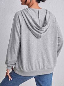 SHEIN EZwear 拉鍊式插肩袖抽繩運動衫，秋冬長袖上衣，淺灰色女款運動衫 - 淺灰色 - 查看 2
