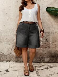 EMERY ROSE EMERY ROSE Shorts de mezclilla holgados con botones y bolsillos versátiles de moda talla grande - Negro - Ver 5
