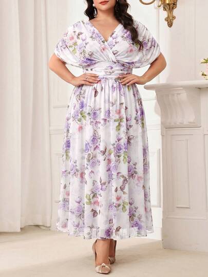 Modelyn Plus Size Elegant Floral Print Batwing Sleeve Dress, Spring/Summer Long Evening Dresses