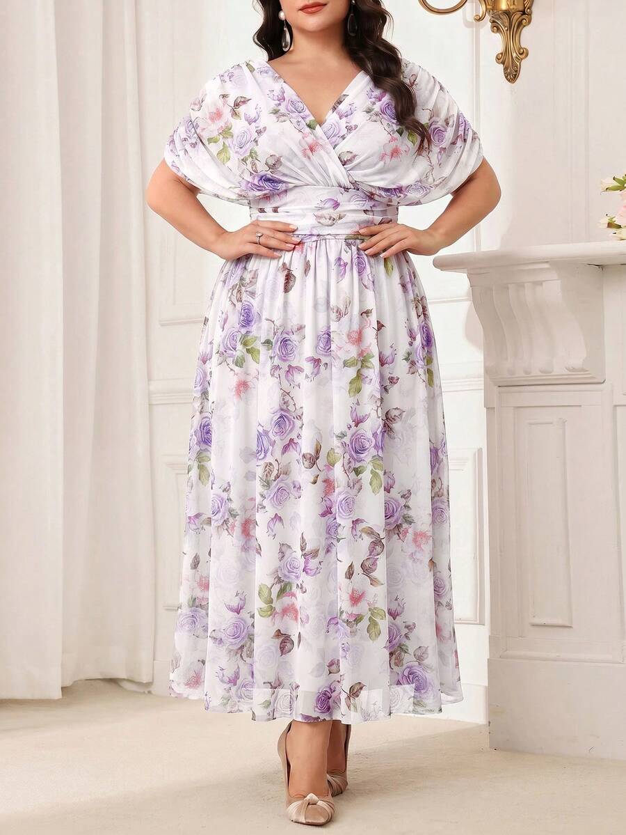 Modelyn 大尺碼優雅花卉印花蝙蝠袖洋裝,春夏季長版晚宴禮服 - 彩色 - 查看 1