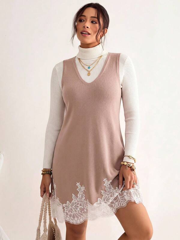 Freevana Plus-Size Women's Sweater Dress, Apricot Pink And Khaki Knit Dress, Lace Trim, Sleeveless, Elegant Everyday Wear, Autumn/Winter Women's Clothing.