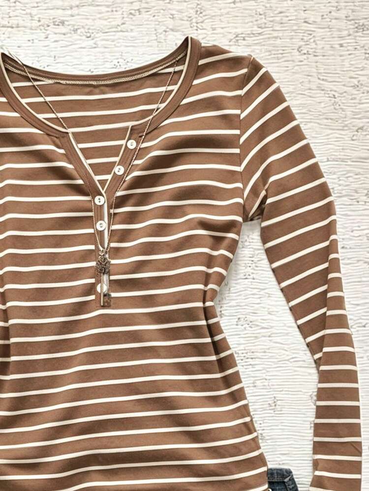 IslaSuriya Women's Fashion Casual Striped Long Sleeve T-Shirt - Coffee Brown - View 4