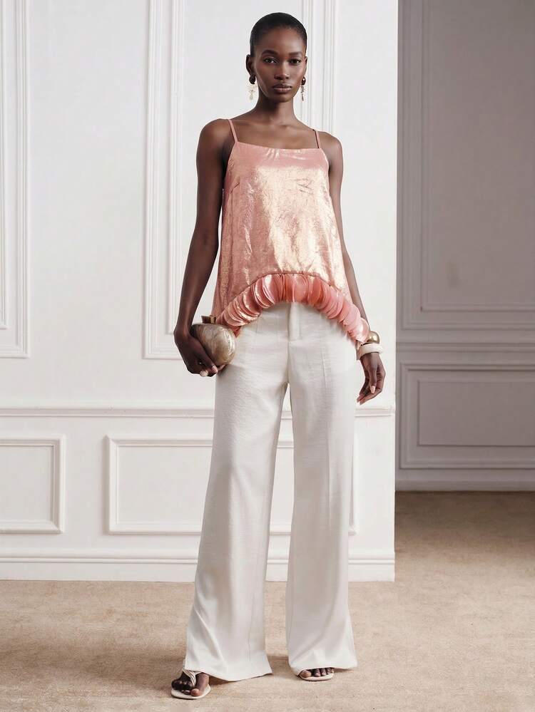 Aveloria Modichic Women's Cami Tops Slim Loose Fit Textured Satin Spaghetti Strap 3D Layered Ruffle Hem Elegant Party Cocktail Date Rose Gold Solid Going Out Summer - Pink - View 7