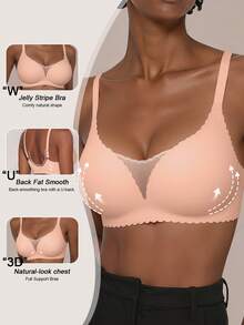 SHEIN Casual-Comfy 1pc Seamless Mesh Patchwork Solid Color Wavy Edge Adjustable Non-Wired Removable Padding Women's Bra - Dusty Pink - View 4