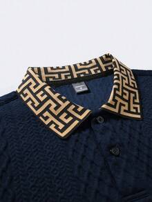 EGENSIO Camisa polo de hombre de punto jacquard de unicolor con textura y cuello y puños acanalados - Azul Marino - Ver 4