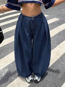 StreetHx Women's Casual Streetwear Washed Blue And White Stripe Curved Leg Jeans Everyday Going Out Summer - Blue - View 7