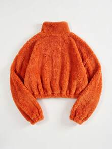SHEIN EZwear 女款半拉鍊白色刷毛字母貼布設計運動衫，適合秋冬穿搭 - 橘色 - 查看 2