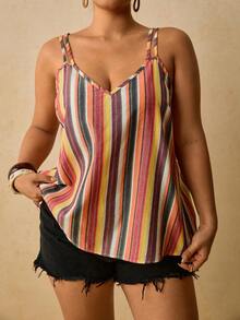 Travachic Camiseta sin mangas casual de talla grande con bloques de color y rayas para el verano - Multicolor - Ver 5