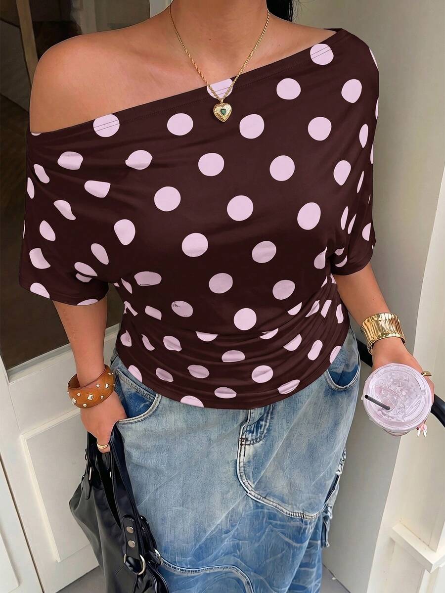 Muchica Brown Polka Dot Asymmetric Collar Plus Size T-Shirt For Women - Brown - View 1
