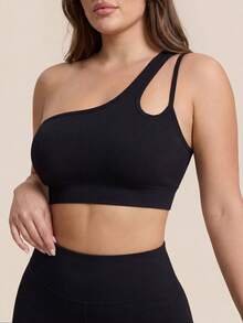 Rhythm Era Sujetador deportivo de talla grande de un solo hombro y espalda descubierta de unicolor - Negro - View 3